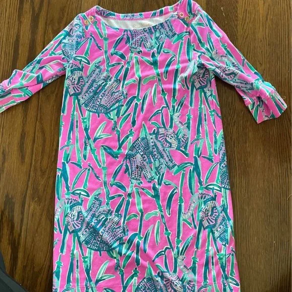 lilly pulitzer pink elephant dress Lilly Pulitzer Jubilee Wrap Dress Girls 14 Pink Orange Elephant S/S Cotton